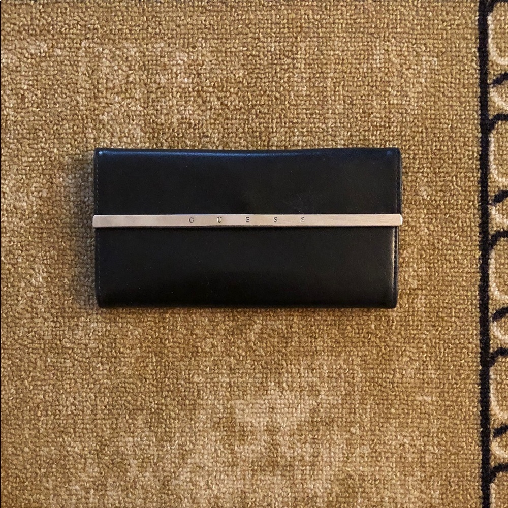 Guess Black Leather Clutch with Silver Accent